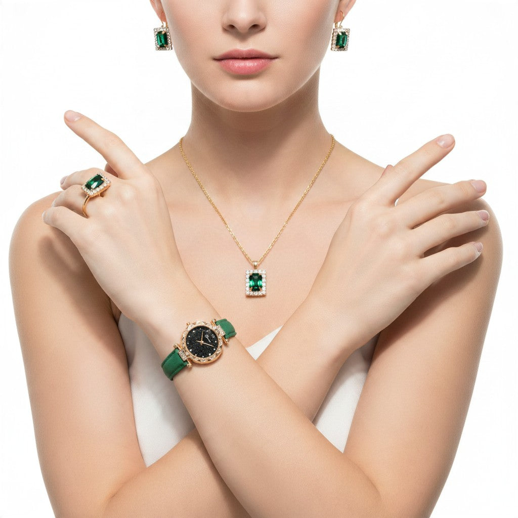 Montre Femme Strass – Coffret 5 Pièces | Bracelet effet Cuir