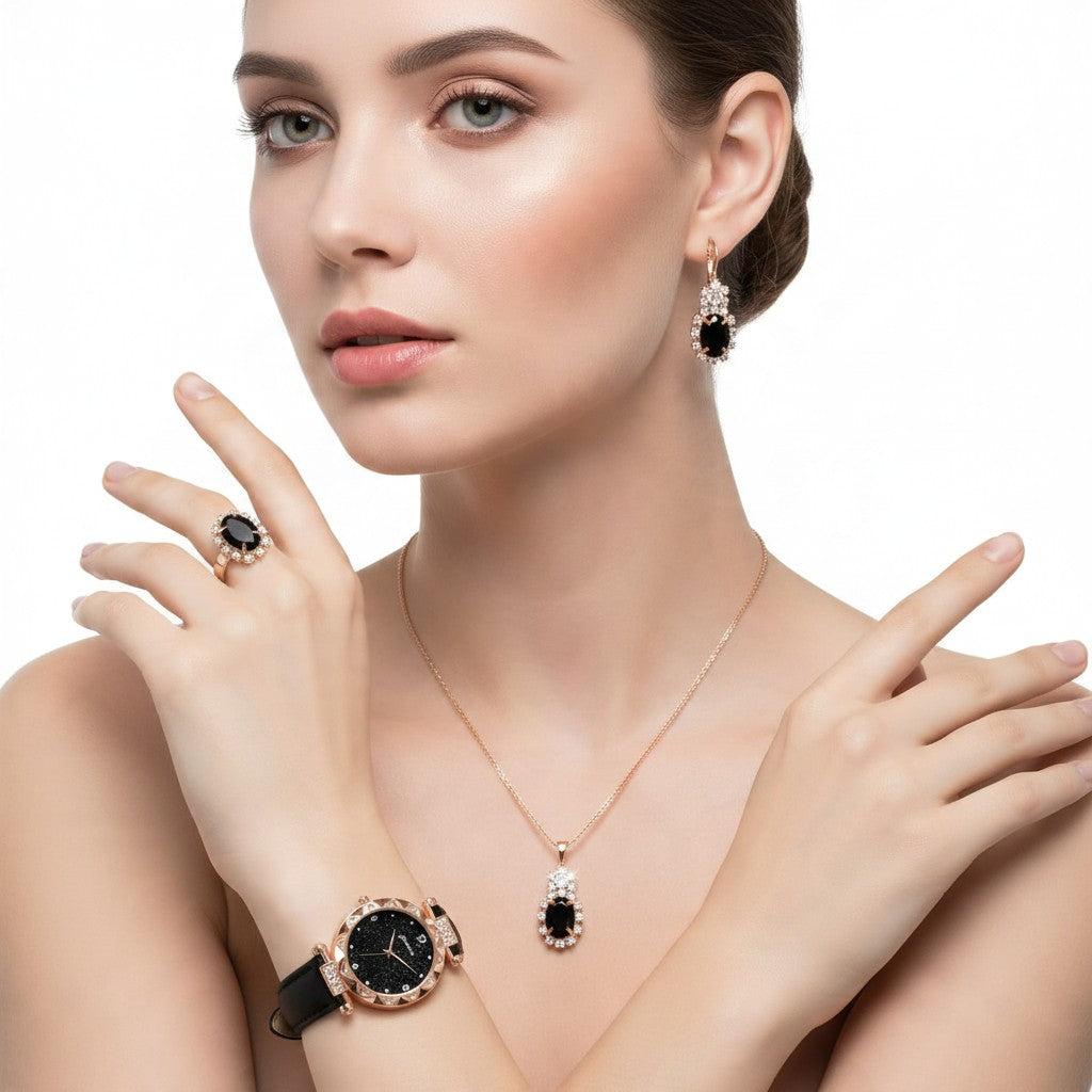 Montre Femme Strass – Coffret 5 Pièces | Bracelet effet Cuir
