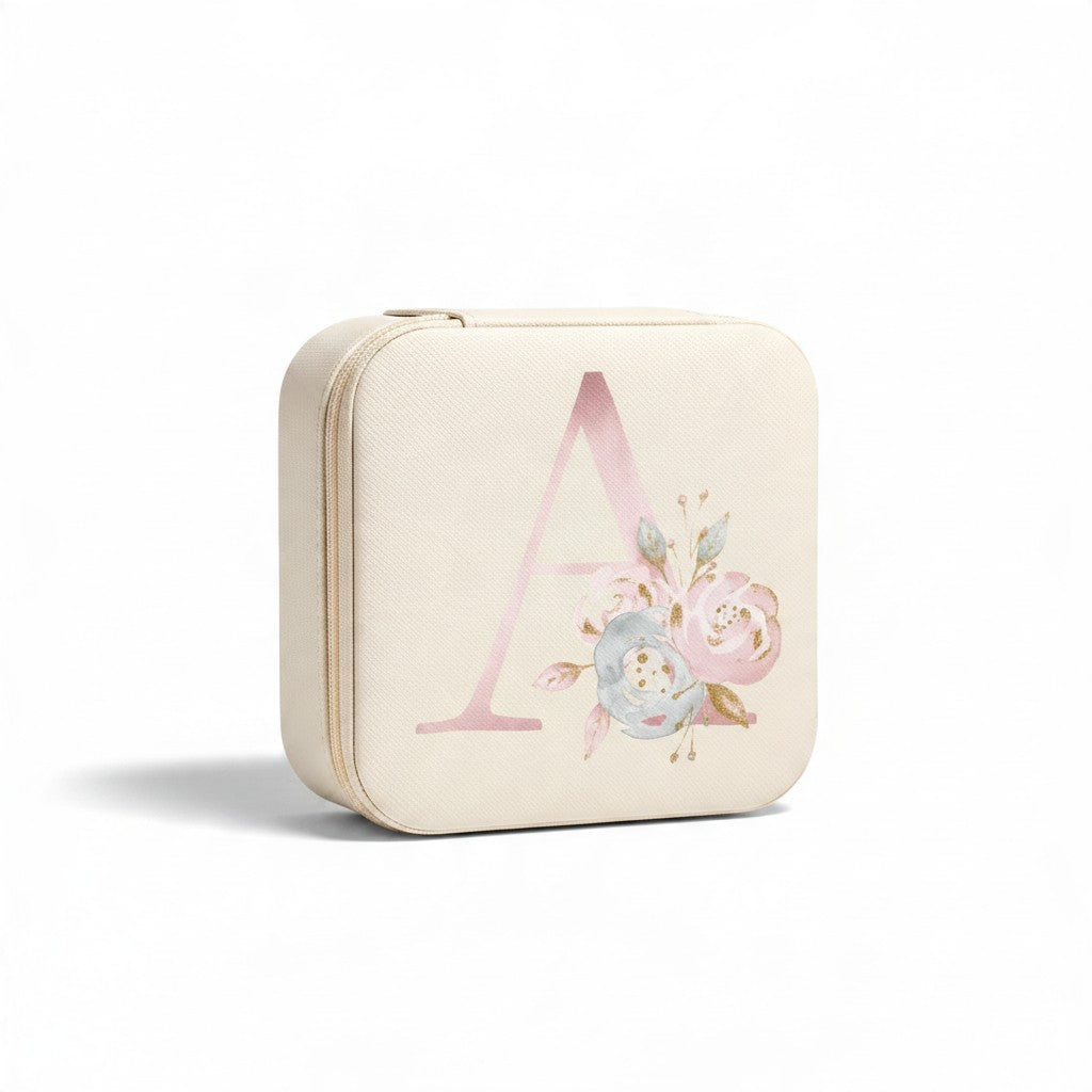 Boîte à bijoux de voyage beige avec initiale - Sereine