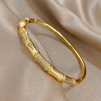 Unique Bamboo Inlaid Rhinestone Bangle Bracelets for Women Fashion Gold Plated Copper Cuff Bangle Bracelet Jewelry Gifts