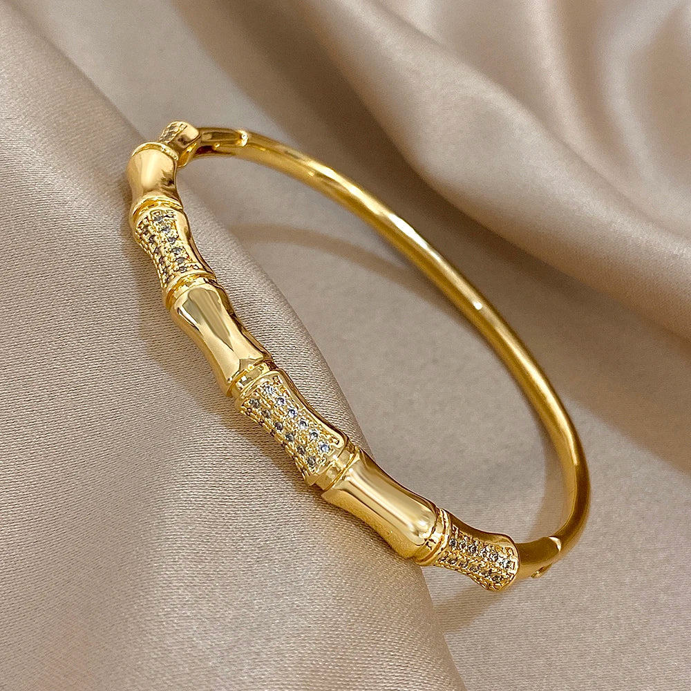 Unique Bamboo Inlaid Rhinestone Bangle Bracelets for Women Fashion Gold Plated Copper Cuff Bangle Bracelet Jewelry Gifts