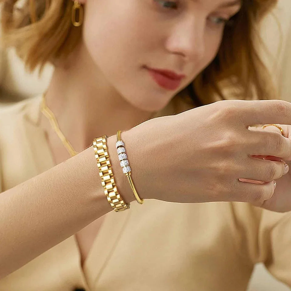 Bracelet Doré Perles & Strass – Acier Inoxydable | Femme