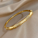 Unique Bamboo Inlaid Rhinestone Bangle Bracelets for Women Fashion Gold Plated Copper Cuff Bangle Bracelet Jewelry Gifts