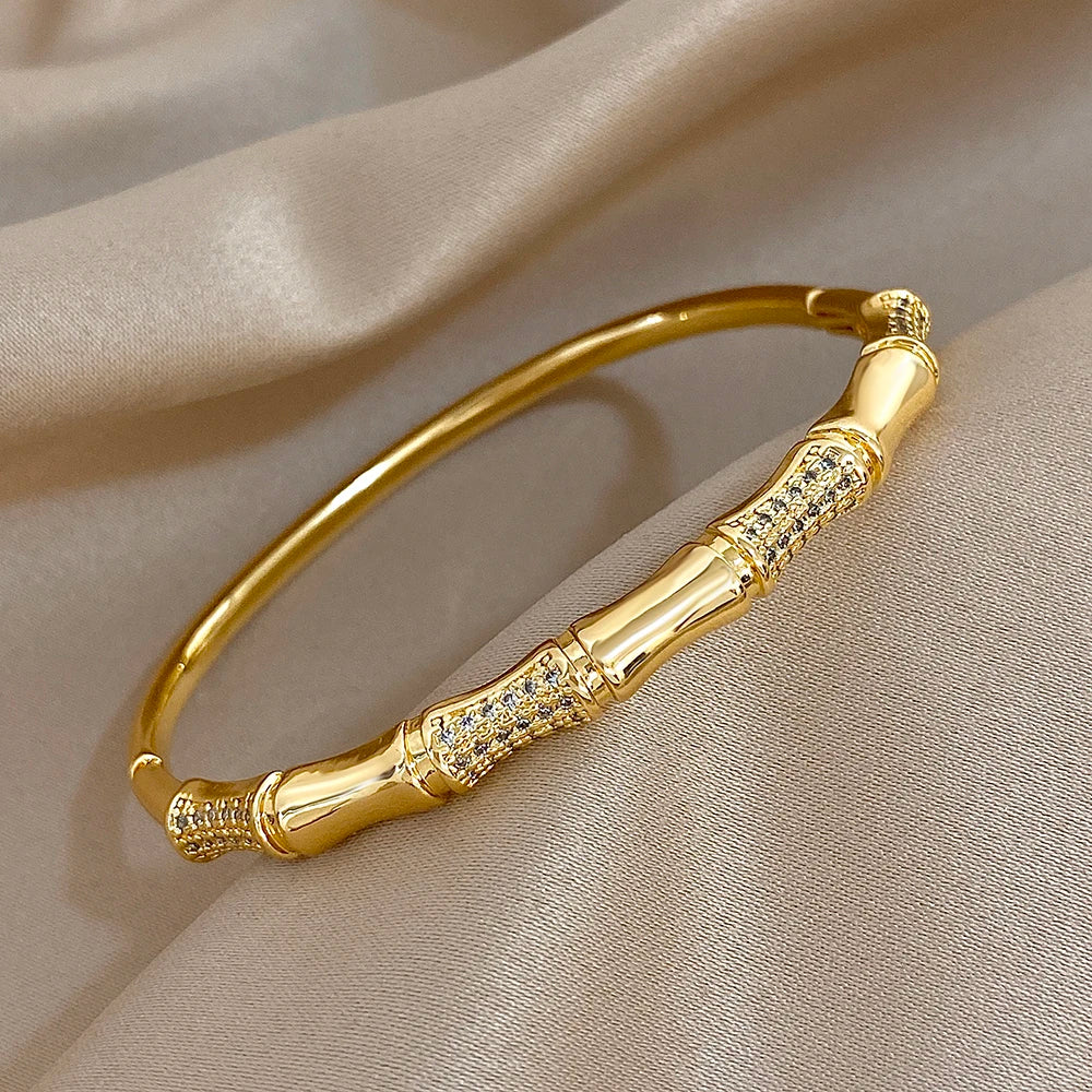 Unique Bamboo Inlaid Rhinestone Bangle Bracelets for Women Fashion Gold Plated Copper Cuff Bangle Bracelet Jewelry Gifts