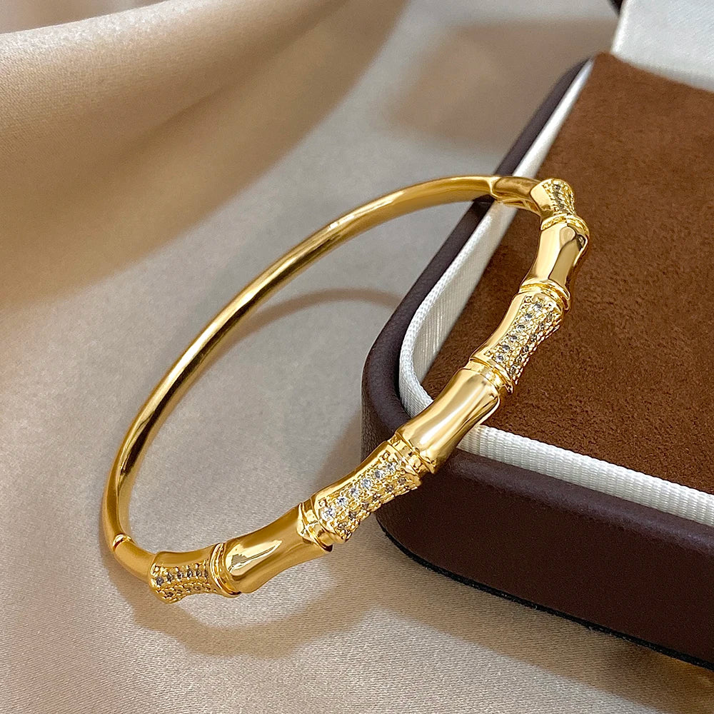 Unique Bamboo Inlaid Rhinestone Bangle Bracelets for Women Fashion Gold Plated Copper Cuff Bangle Bracelet Jewelry Gifts