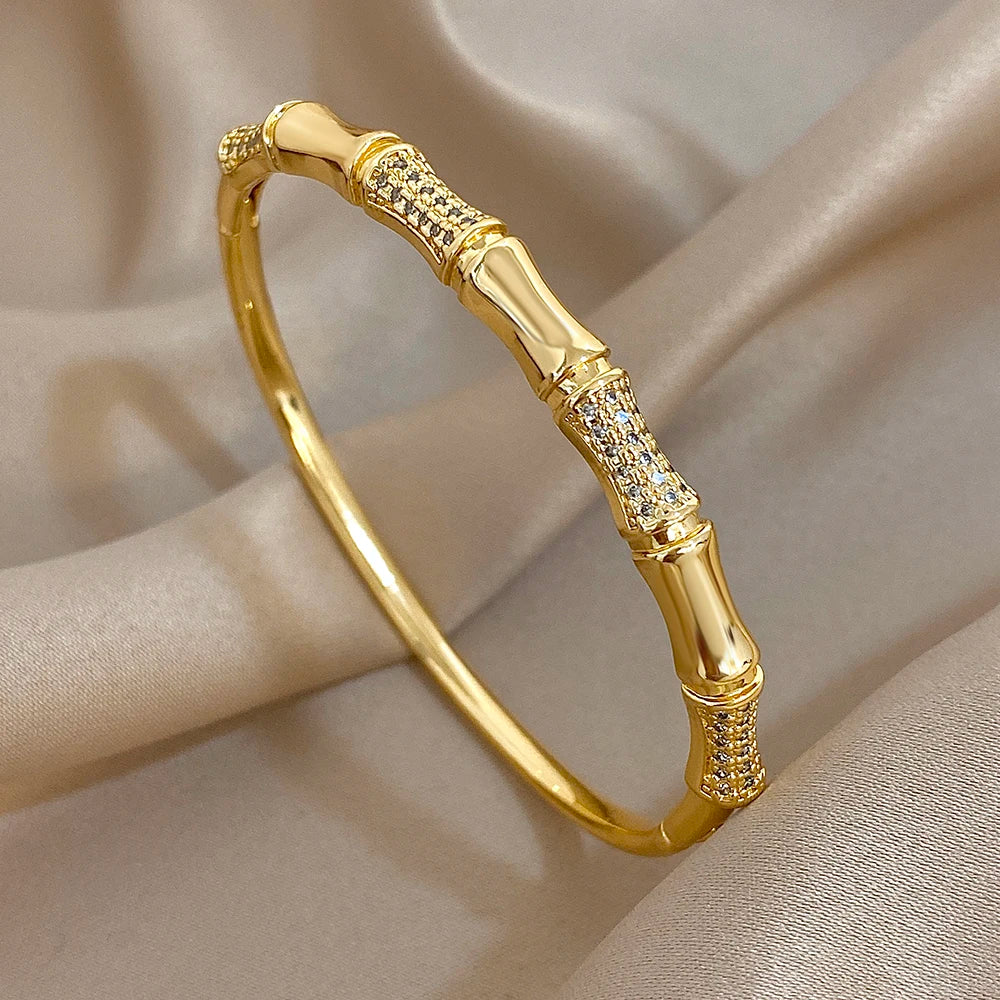 Unique Bamboo Inlaid Rhinestone Bangle Bracelets for Women Fashion Gold Plated Copper Cuff Bangle Bracelet Jewelry Gifts