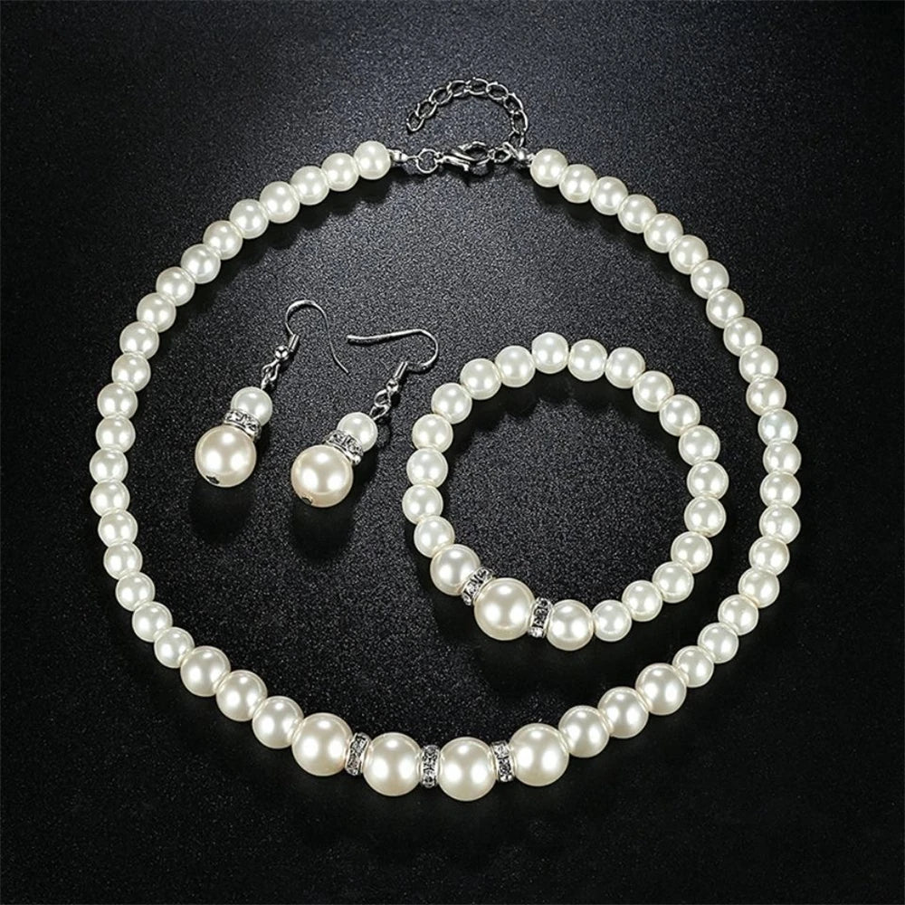 Parure Bijoux Perles 3 Pièces – Collier, Boucles d’Oreilles & Bracelet | Femme