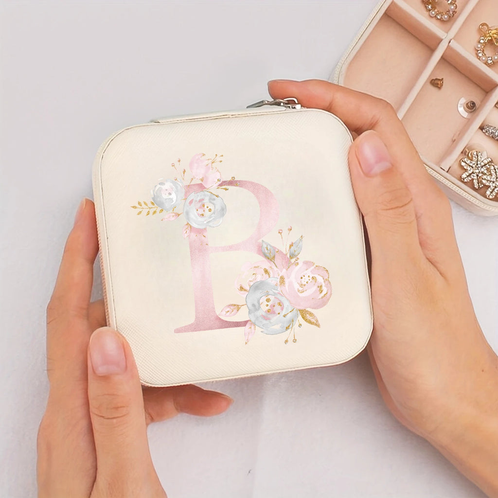 Boîte à bijoux de voyage beige avec initiale - Sereine