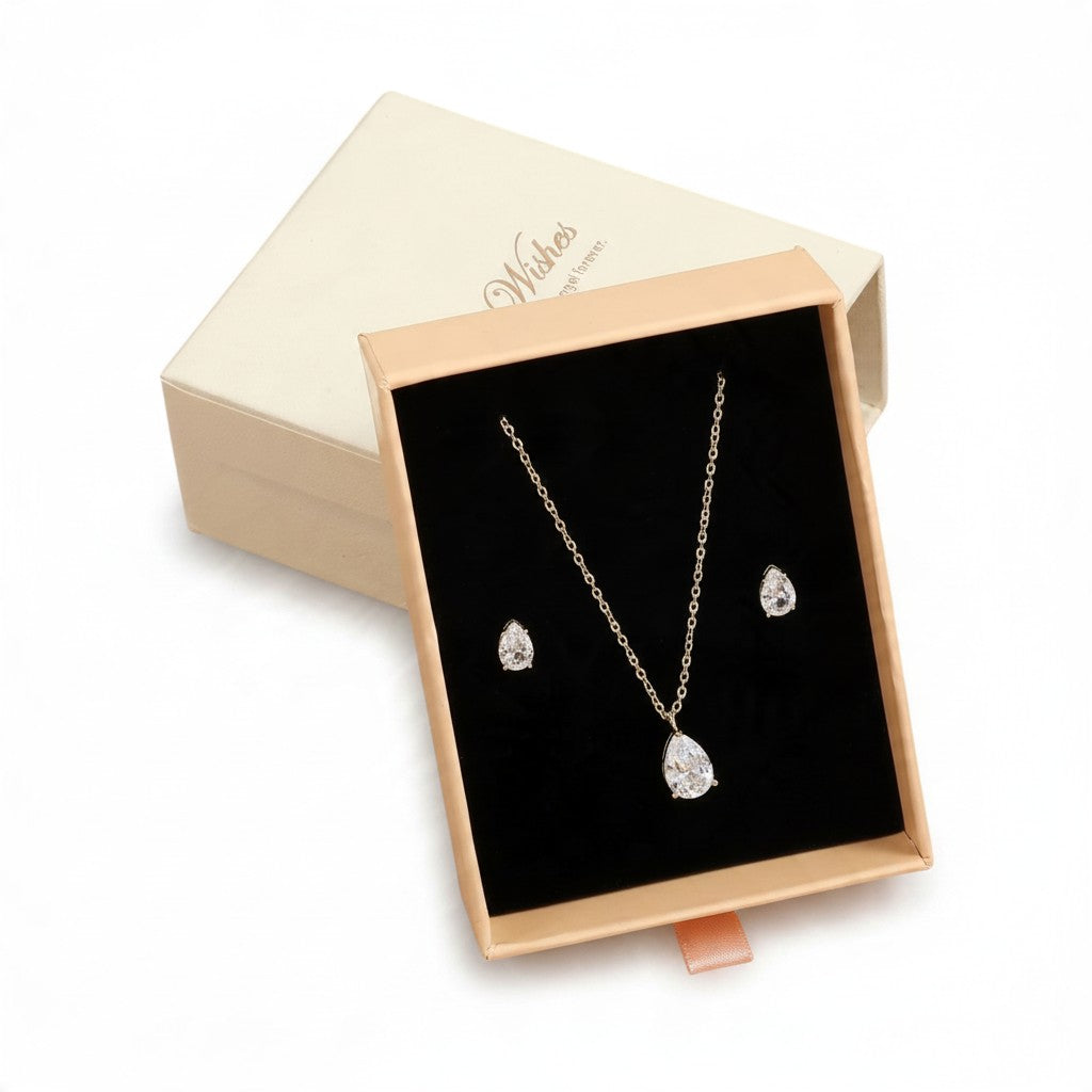 Parure ZAKOL goutte en zircone : collier et boucles d’oreilles
