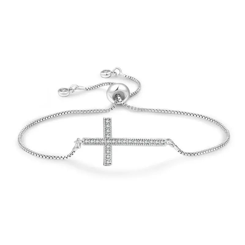 Bracelet Croix Serti de Zirconium – Cuivre Doré ou Argenté Ajustable