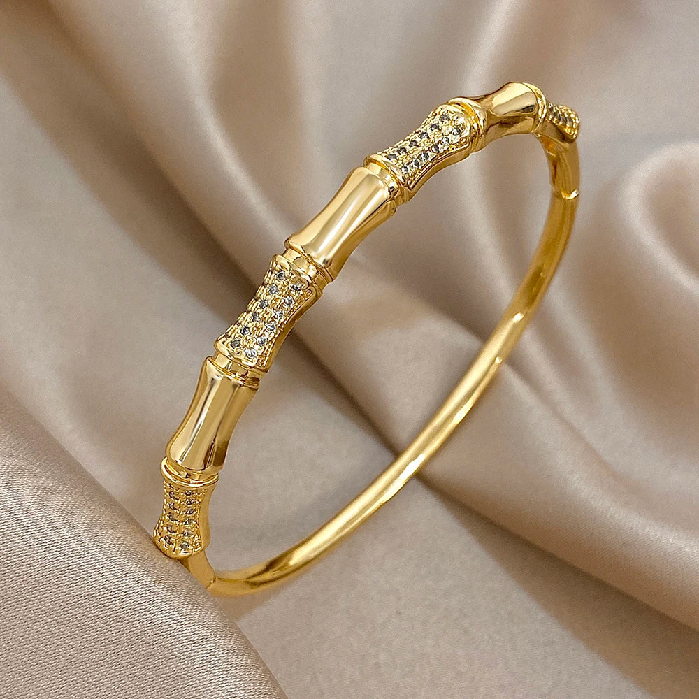 Unique Bamboo Inlaid Rhinestone Bangle Bracelets for Women Fashion Gold Plated Copper Cuff Bangle Bracelet Jewelry Gifts