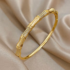 Unique Bamboo Inlaid Rhinestone Bangle Bracelets for Women Fashion Gold Plated Copper Cuff Bangle Bracelet Jewelry Gifts