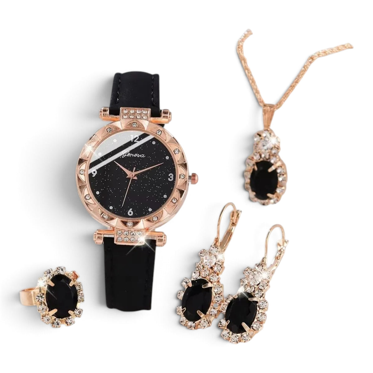 Montre Femme Strass – Coffret 5 Pièces | Bracelet effet Cuir