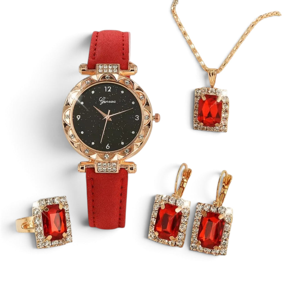 Montre Femme Strass – Coffret 5 Pièces | Bracelet effet Cuir