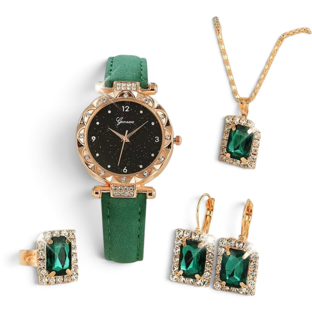 Montre Femme Strass – Coffret 5 Pièces | Bracelet effet Cuir